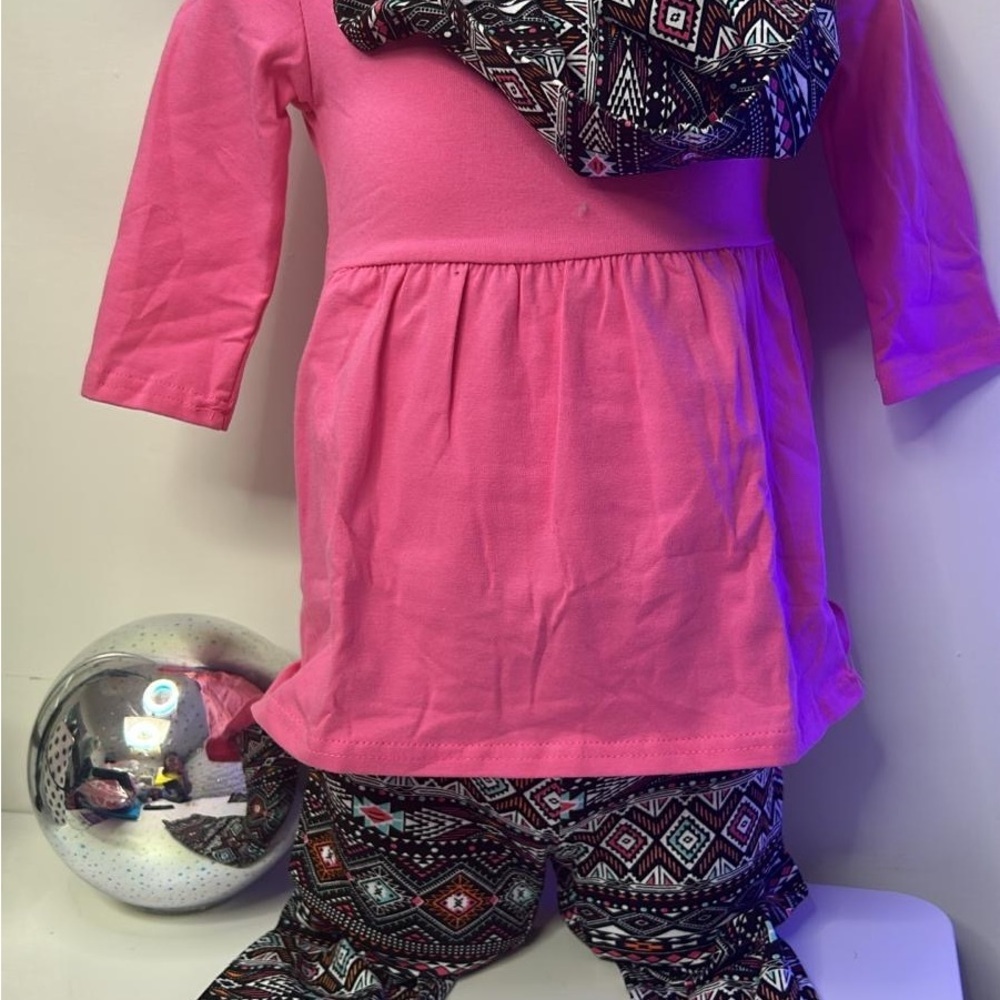 Pink Dress with Patterned Leggings and Scarf